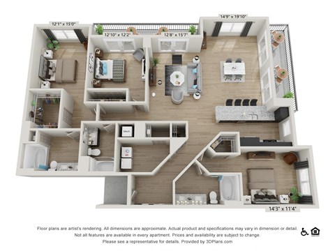 Floor plan for 3 beds, 3 baths, 2011 sqft